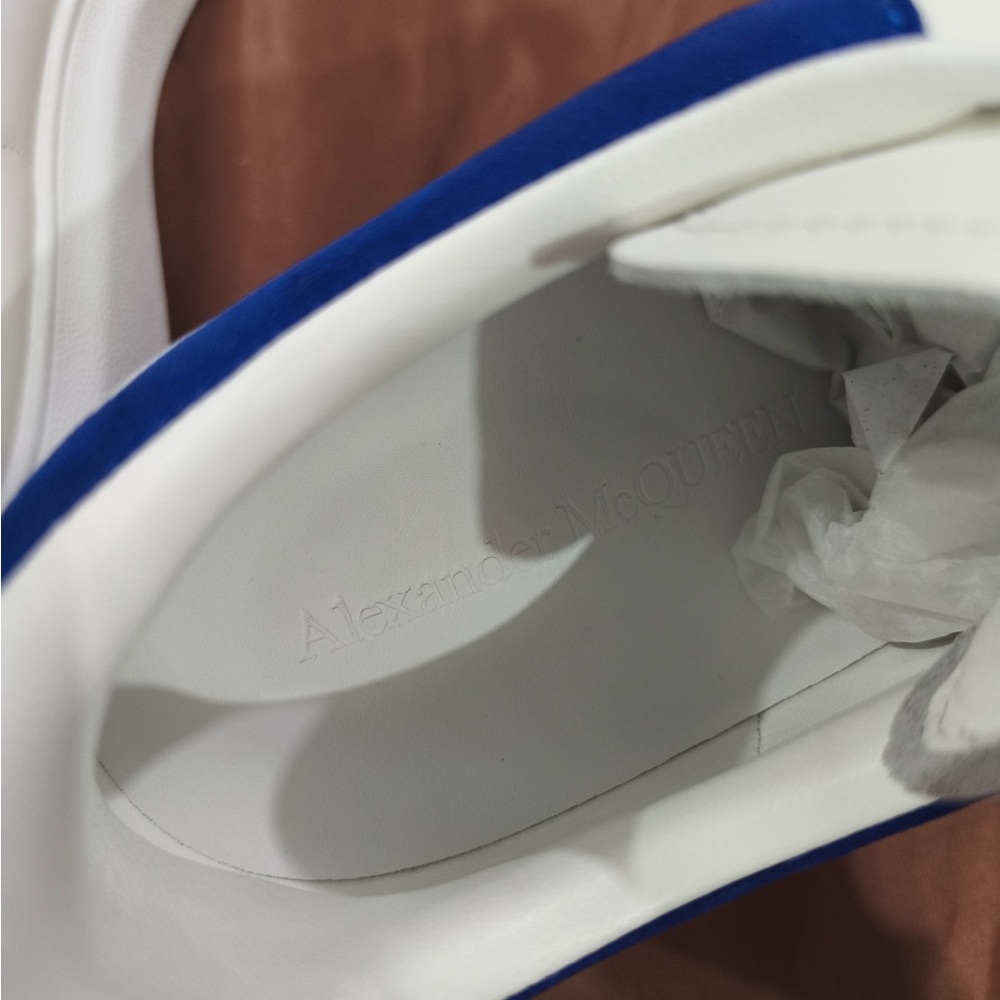 Alexander McQueen White Leather Sneakers with Blue Heel Tab - Picture 6 of 8